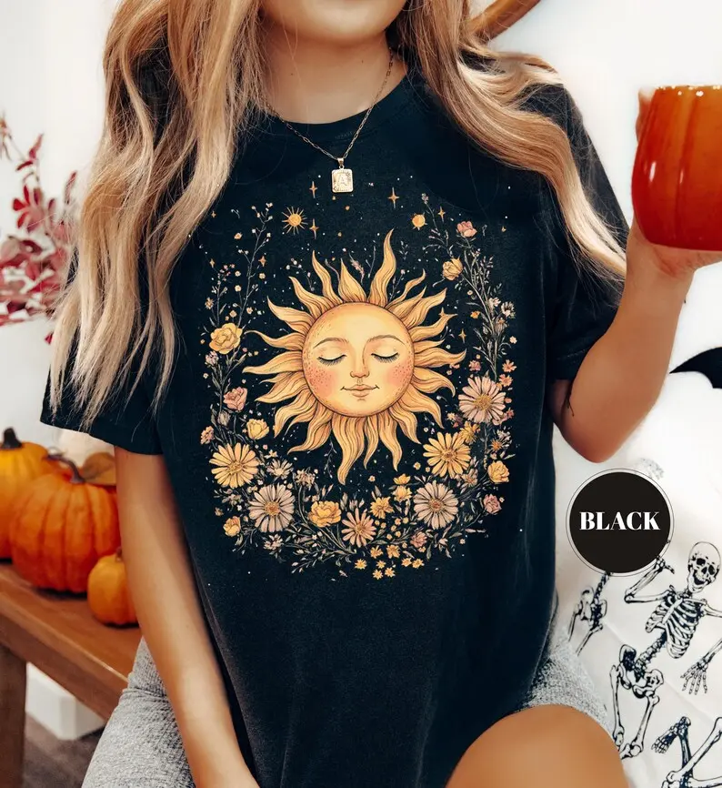 Comfort Colors Celestial Spiritual Sun T-Shirt, Cute Bohemian Tee, Boho Hippie Shirt, Vintage Womens Top, Hippy Clothes, Chic Floral Outfit