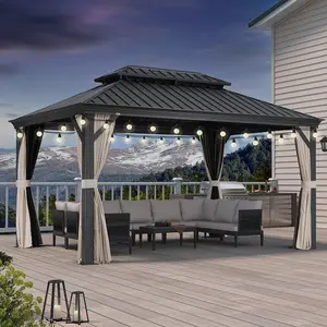 PURPLE LEAF 10' x 14' Patio Gazebo For Backyard | Hardtop Galvanized Steel Grey Frame With Khaki Curtain and Light