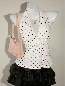 Fashion Trendy Halter Deep V Ruched Backless Polka Dot Fitted Tank Top, Elegant Sleeveless Top, Stylish Sleeveless Summer Wear, Women's Casual Clothing, Chic, Style