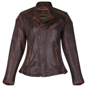 High Mileage Women's Vintage Brown Lady Biker Motorcycle Riding Leather Jacket With Diamond Stitched Shoulders