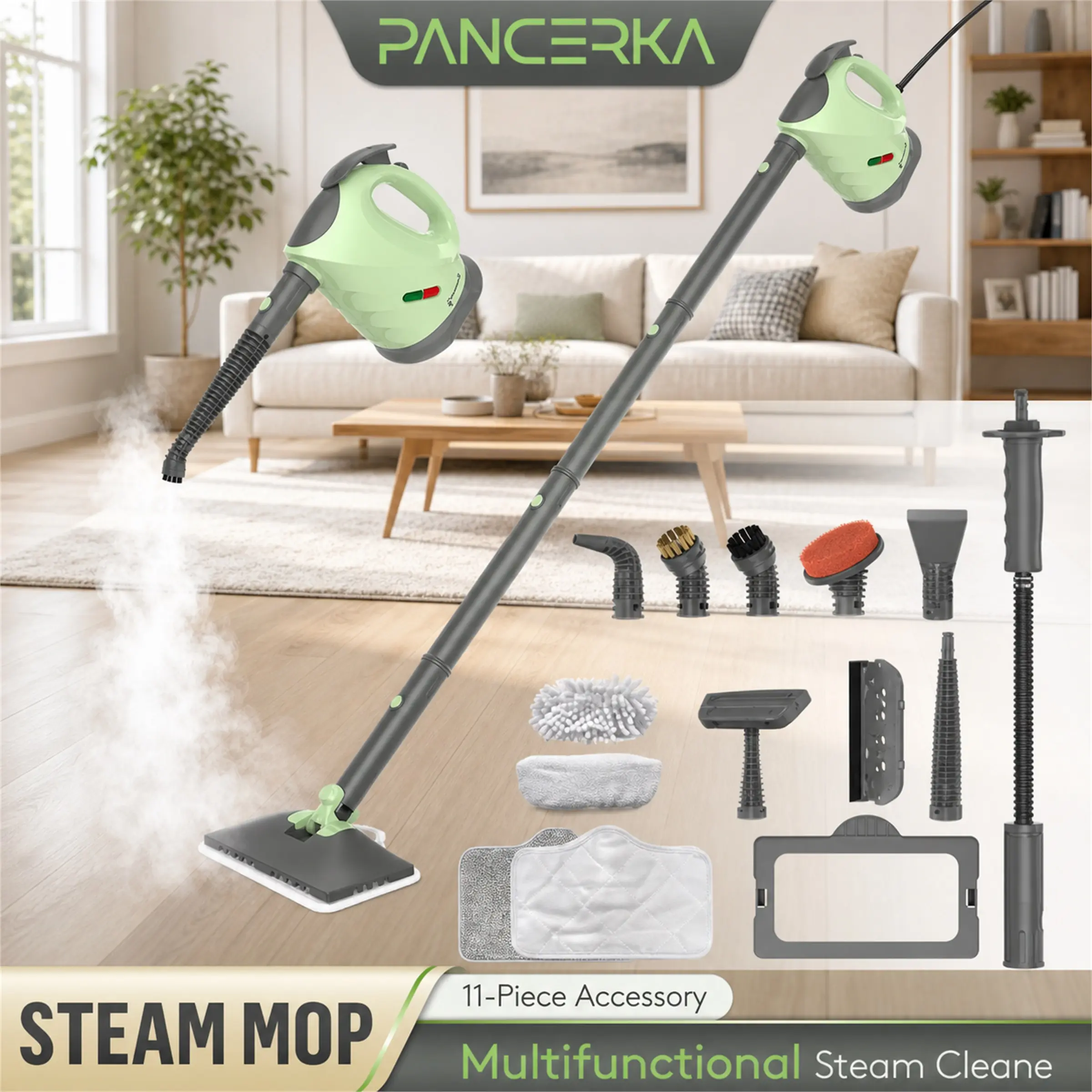 Steam Mop, 11-in-1 Detachable Handheld Steam Cleaner with 11 Accessories, Multi-Purpose Floor Steamer for Hardwood, Tile, Grout, Carpet, Windows, Kitchen, Bathroom & Whole Home Cleaning