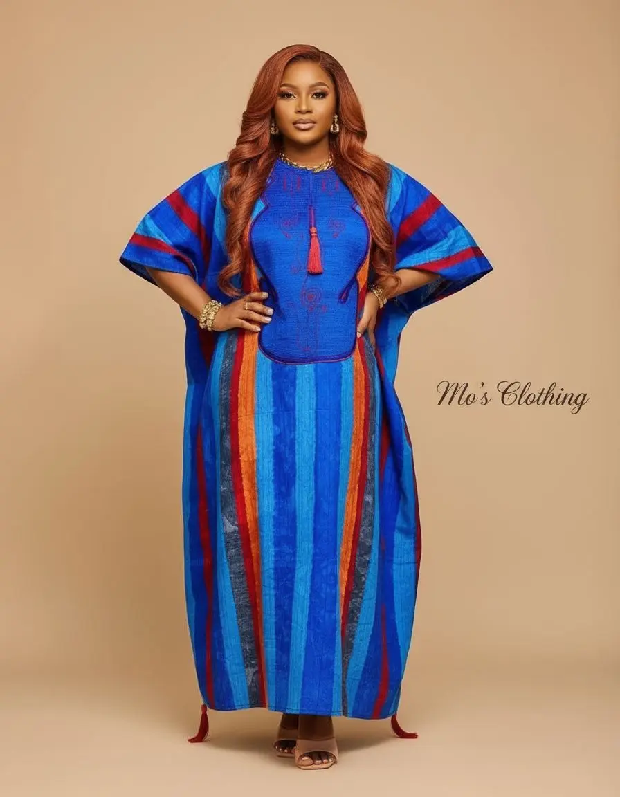 Mo's Clothing Royal Indigo Boubou Casual Womenswear Batwing Crewneck Dress with Indigo Hues for Everyday Elegance