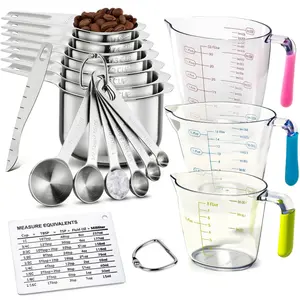 20-piece stainless steel measuring cups and spoons set with a magnetic conversion chart, plastic measuring cups, and a spirit level—a complete kitchen tool set for baking, coffee, and cooking