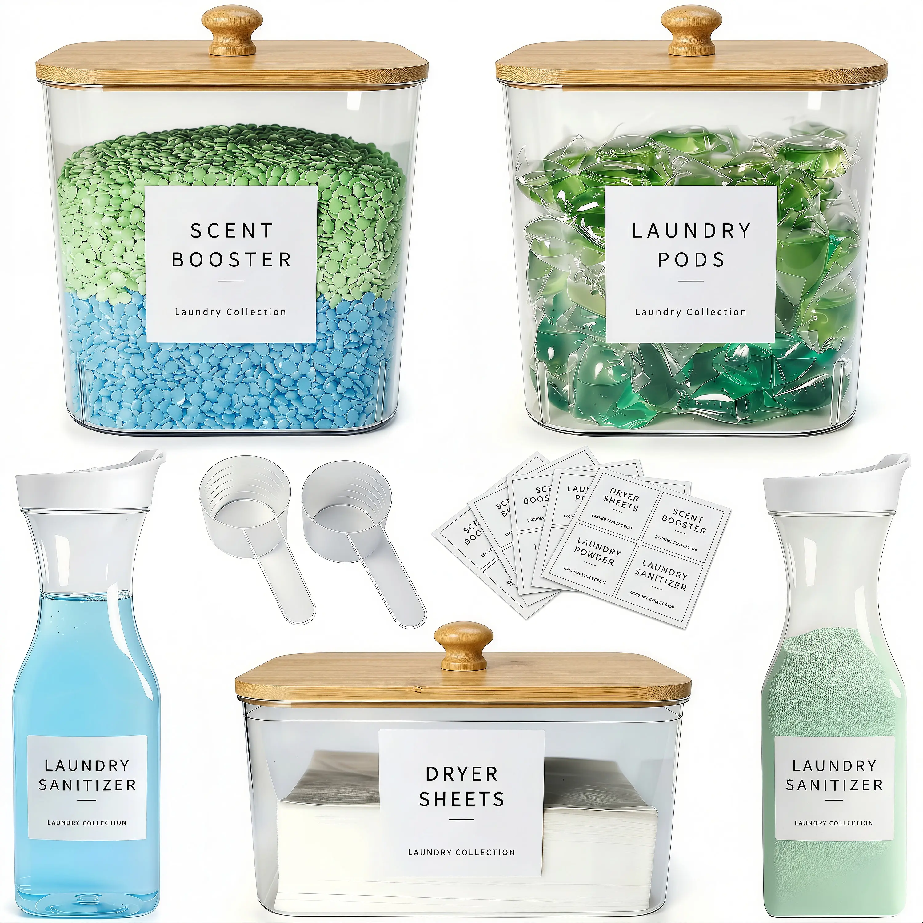 3+2 Pack Laundry Pods Containers & Dryer Sheet Holder & Laundry Detergent Dispenser, Laundry Room Organization and Storage Jars with Lids, Labels and Scoops for Scent Booster, Powder, Pods