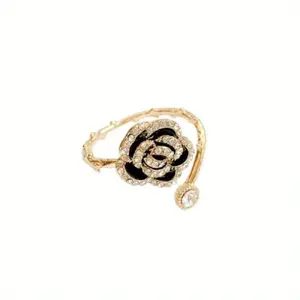 Vivid Black Rose Flower Open Statement Rings for Women CZ Blooming Wrap Finger Band Engagement Wedding Stacking Ring jewelry