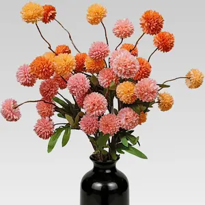Kinisty 8 Pcs Artificial Flowers Pink Orange Yellow Faux Silk Pompon Mums, 20" Long Stem Fake Chrysanthemum Bouquet for Vase Farmhouse Home Decor, Wedding