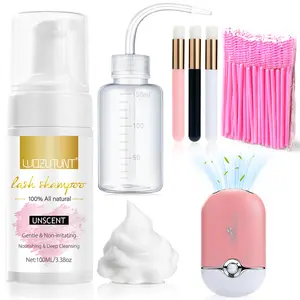 3.38oz Lash Shampoo Kit for Eyelash Extensions & Gentle Mousse Cleanser & Mini Pink Handheld Fan - Easy for Beginners & Makeup Care