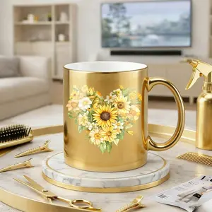 Sunflower Heart Gold Ceramic Coffee Mug, 11oz Shiny Metallic Gold Floral Tea Cup, Unique Birthday Mothers Day Gifts for Women Mom Wife Sister Friend, Sunflower Lover Gifts for Coffee Tea Lovers, Home Office Decor