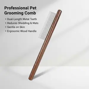Premium Dual-Length Pin Pet Grooming Comb Professional Deshedding & Detangling Tool with Elegant Wooden Handle for Medium to Long-Haired Breeds