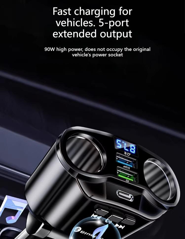 GYIOEUPT 7-in-1 Automotive Fast Charging Solution - 66W 1-to-2 Splitter Power Charger, Smart Car Charger with FM/MP3 Transmitter, Voltage Display, 12-24V DC Input, Expansion Port, Retractable Dash Mount, USB Car Connector, Anti-Lost Function