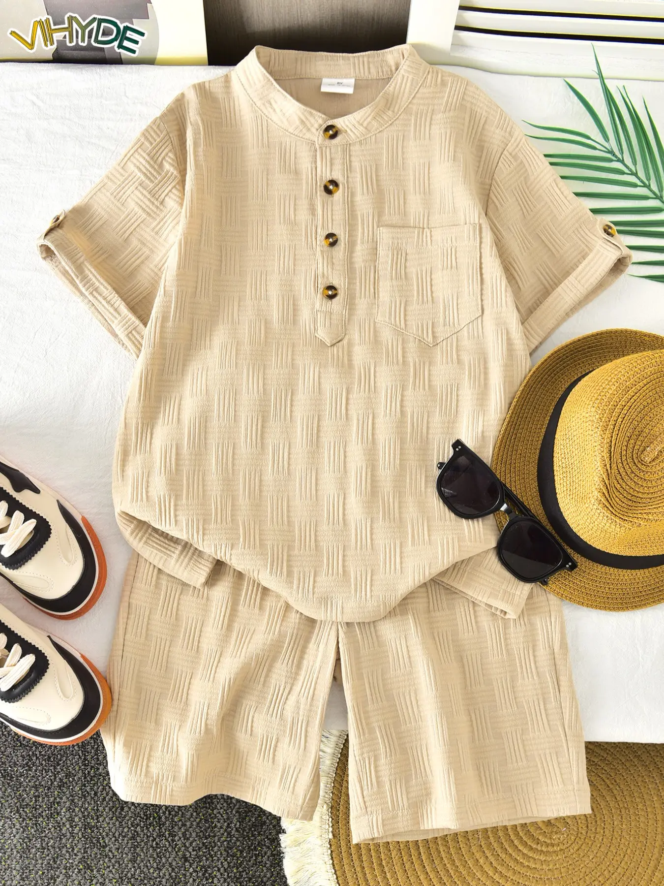 Kikofendy Boys' Fashion Stand Collar Plaid Texture Short Sleeve T-Shirt & Casual Shorts Two-Piece Set Outfit, Outfits Set, Summer Clothing Set, Youth Kits, Stylish Summer