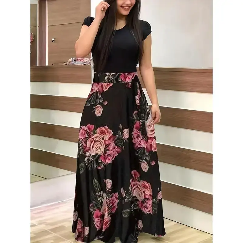 Women'S Plus Size Floral Print Colorblock Midi Dress with Short Sleeves - Elegant Crew Neck, Medium Stretch Polyester Fabric, All-Season Wear Women'S Plus Size Floral Print Colorblock Midi Dress with Short Sleeves - Elegant Crew Neck, Medium Stretch Polyester Fabric, All-Season Wear