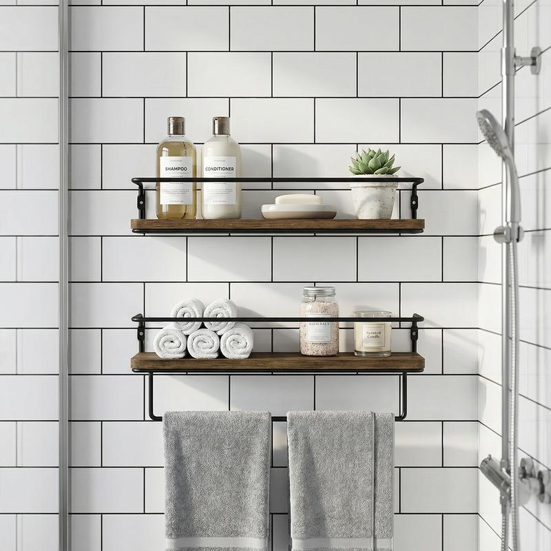 Spaco 15.7'' Floating Shelves - Set of 2, Wall Mounted Hanging Shelves with Black Towel Rack, Decorative Storage Shelves for Bathroom, Kitchen, Living Room & Bedroom