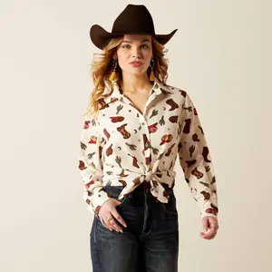 Women's Long-Sleeve Polyester Western Cowgirl Print Button-Down Blouse - Casual Everyday Top, Stylish Homestyle Wear