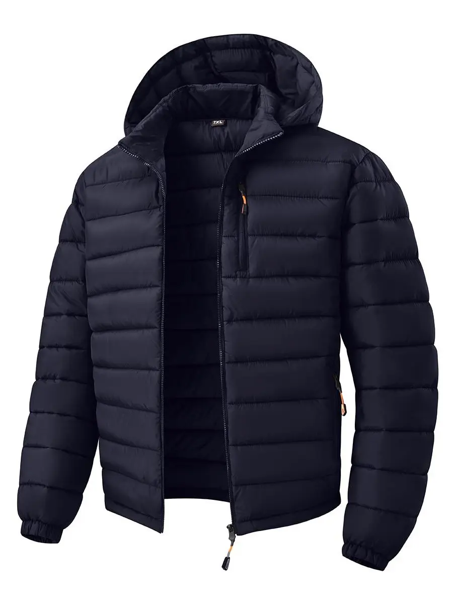 Men's Hooded Packable Quilted Puffer Jacket - Basics Classic Compact Solid Navy, Lightweight Zip-Up Business Outerwear, Loose-Fit Minimal Travel Coat for Mature Guys - Cold Wash Spring & Autumn Office Daily Outfits