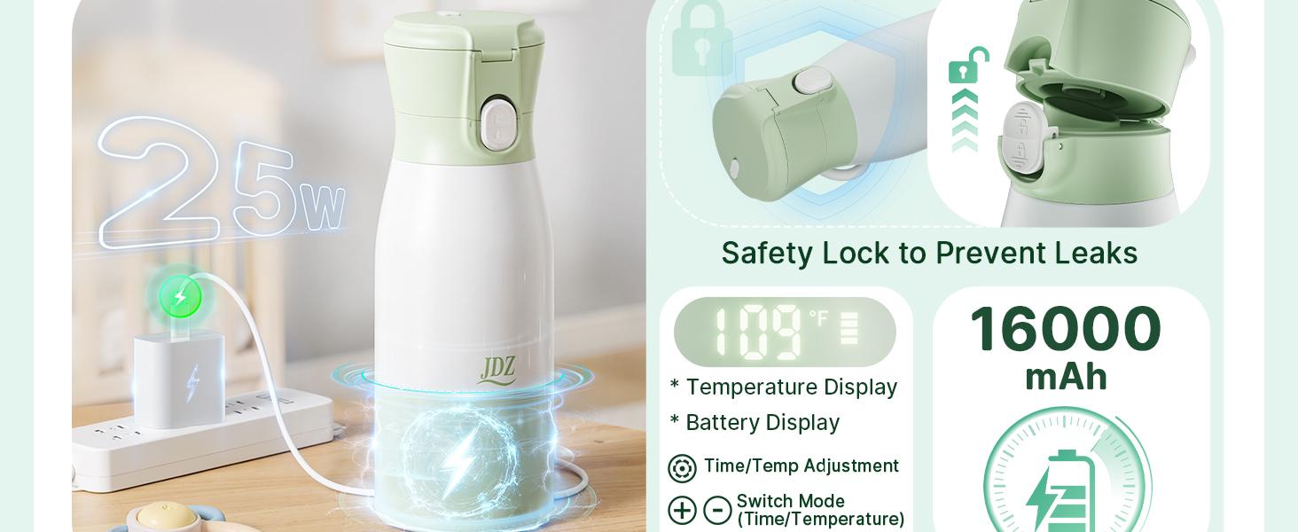 16000mAh Rechargeable Baby Bottle Warmer | 3-5 Mins Fast Heating Baby-Safe | 17oz with Timer & Temp Control for Travel, Breast Milk, Formula