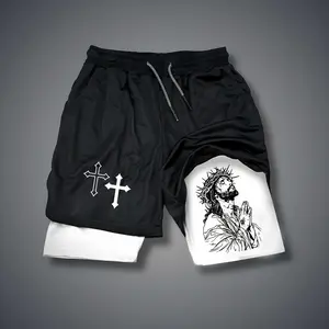 Jesus 80s 90s summer men shorts for men jorts outfit men graphic shorts Double-layer sports shorts Comfortable short shorts summer