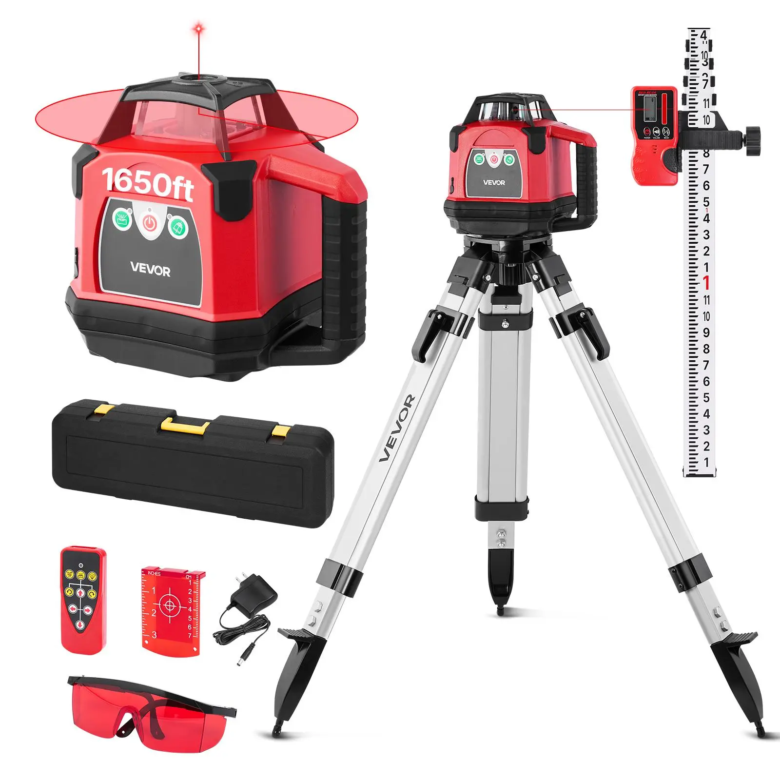【BackToSchool】VEVOR Rotary Laser Level Kit with Heavy-Duty Tripod, Receiver, Remote Control, Toolcase, 1.2V Batteries/Cells, 1650 ft Range, 360-Degree Self-Leveling Red Horizontal Laser Transit, IP54 Waterproof, 0.06 in/100 ft Accuracy for Construction, F