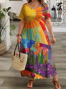 Plus Size Women's Boho V-Neck Short Sleeve Casual Dress with Colorful Plant Print, Perfect for Summer Vacation & Spring Break - Casual