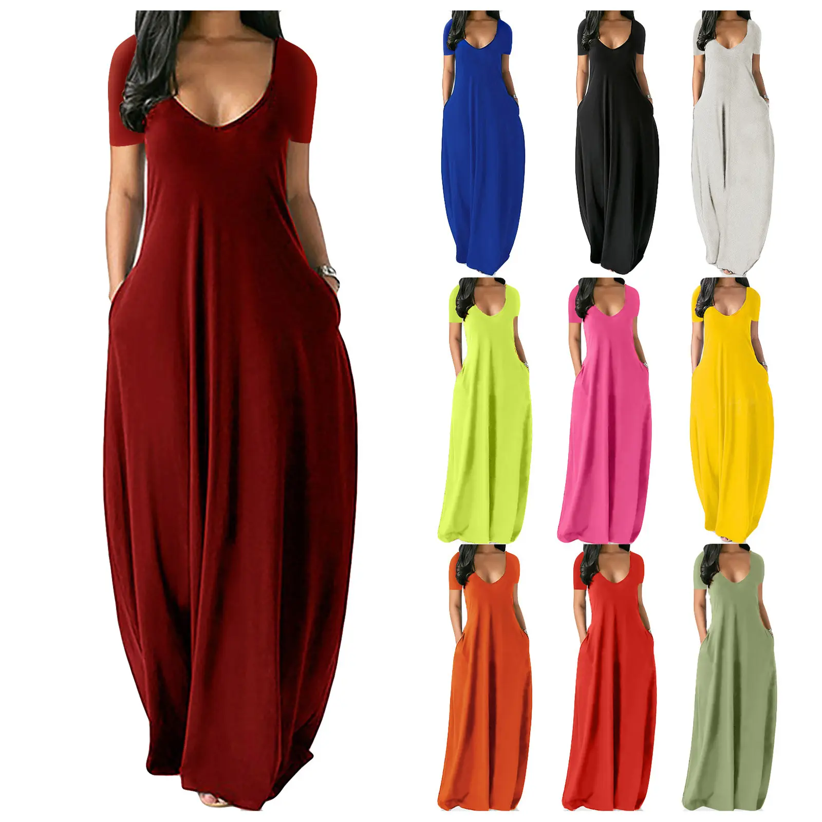 2025 New Women's Minimalist Short-Sleeve Polyester Solid Long Dress with Built-in Pockets - Casual, Formal 1-Piece Summer Special Occasion Garment, Fashion, Elegant, Shortsleeve, Warmer, Women's Fashion, Deep V-Neck