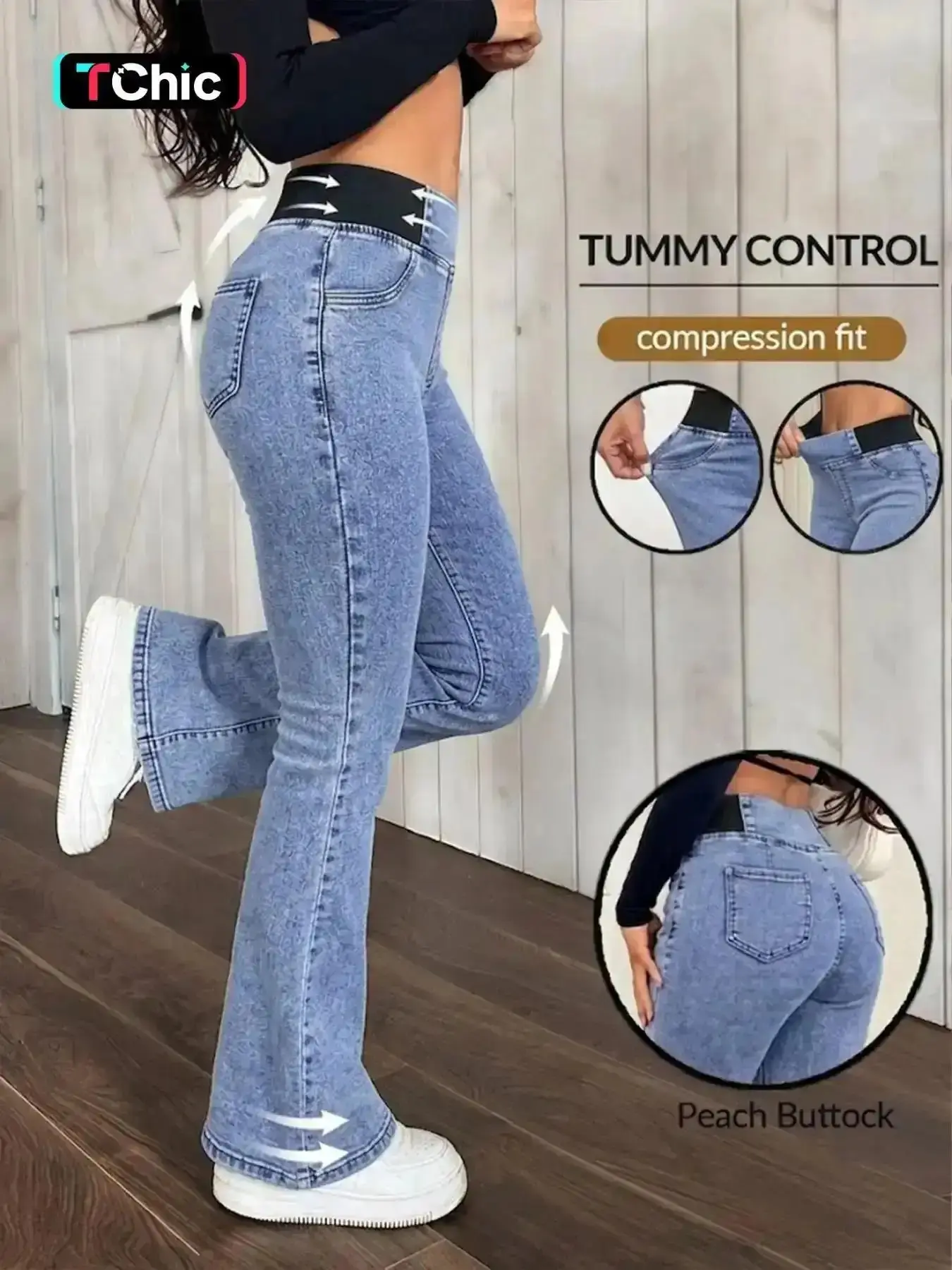 Gilipur Y2K Elastic Waist Micro Flare Jeans for Women, Butt Lifting Slimming Peach Bottom Bell Pants, Casual Long Jeans for All Seasons Street Style Office Wear Midi Skirt Slip Dress Coat Halter Neck Breathable quick dry