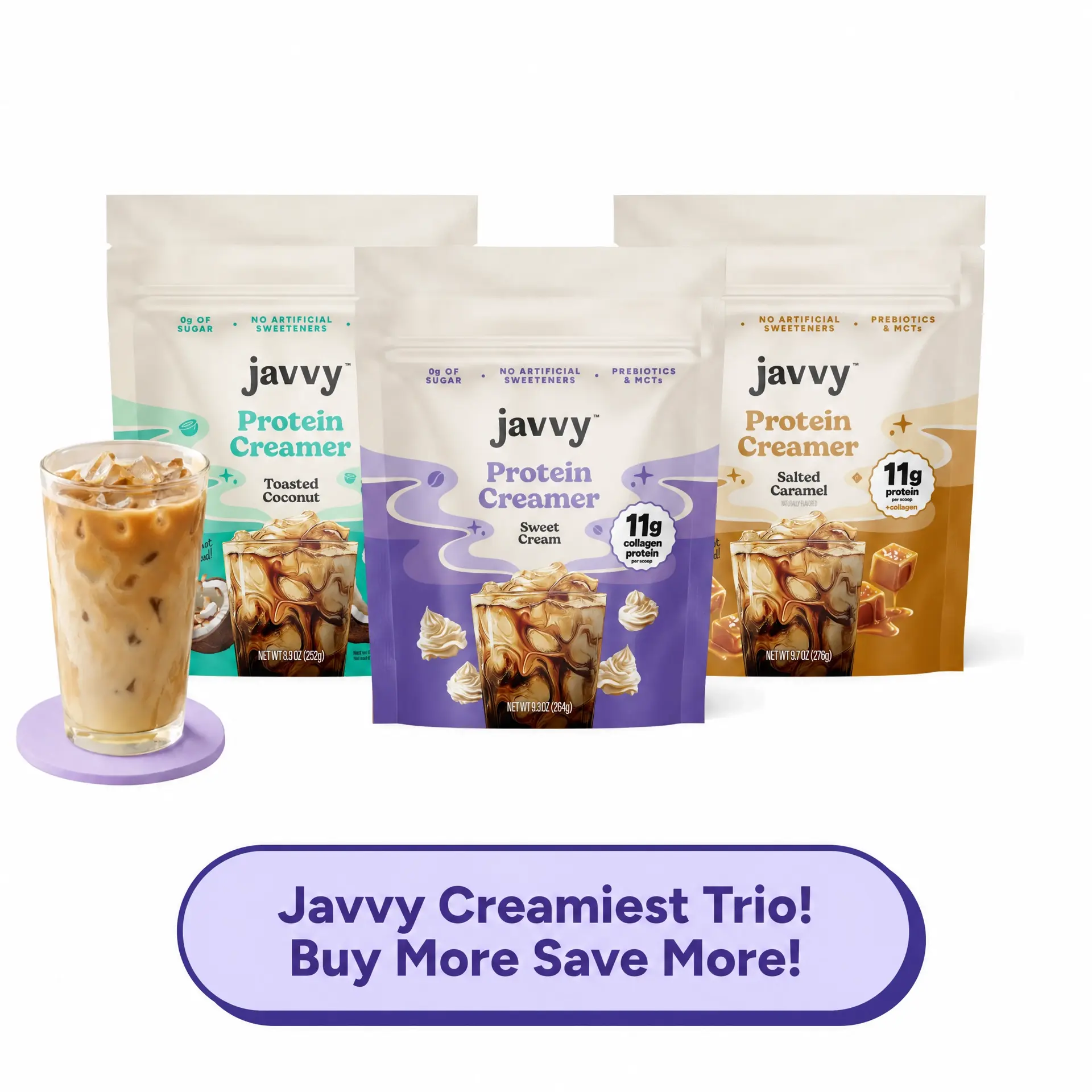 Javvy Creamiest Trio TikTok Exclusive Bundle Protein Coffee Creamer Grass Fed Pasture Raised Collagen Hair, Skin & Nail Support, Energy-Boosting MCTs, Keto Friendly, Lactose Free & Gluten Free, No Added Sugar, 11g of Protein