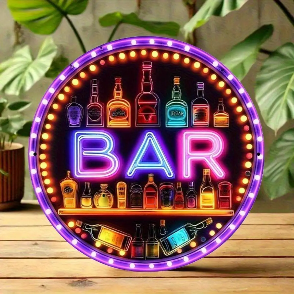 Bar Metal Sign with Colorful Drink Bottles, Vintage Aluminum Round Poster, Ideal for Home Bar Decor, Art Coffee Shops and Beach Villas Decor, Bar Signs