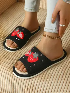 Women's Strawberry Embroidery Slides, Cute Comfortable Home Slippers, Soft Non-slip Slippers for Indoor & Outdoor Wear,   Lightweight Slippers