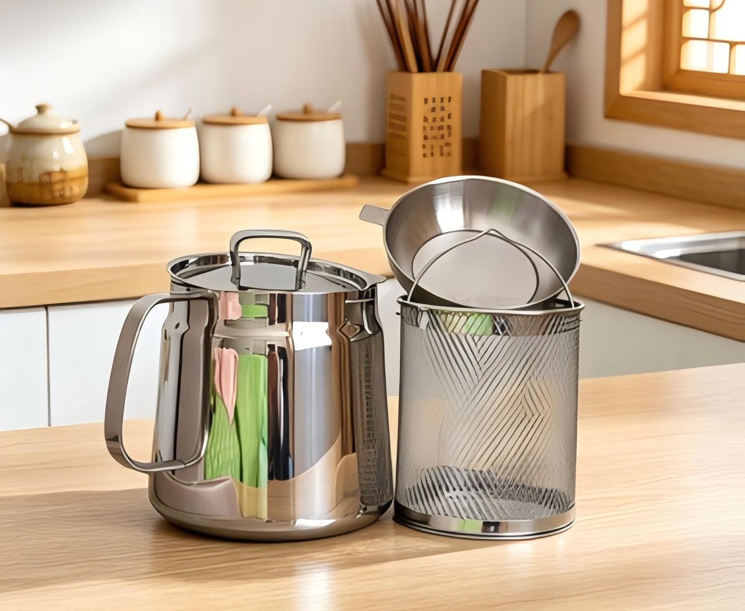 2L/68oz 304 stainless steel oil filtering pot, large-capacity multifunctional oil storage container with strainer and frying basket, suitable for kitchen use and outdoor camping
