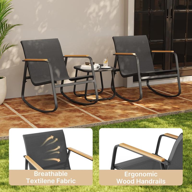 Gizoon 3 Piece Rocking Bistro Set, Textilene Fabric Patio Furniture Set, Front Porch Rocker Chairs with Coffee Table for Lawn, Garden, Balcony, Poolside (Black)
