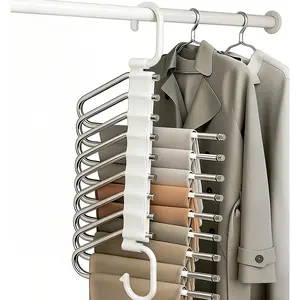 9 layer closetsaver,9-Tier Stainless Steel Trouser Rack,pants hanger shanger organizer – Space-Saving & Non-Slip Clothes spacesaving Hanging with 5 Extra Hooks – Compact Closet Organizer for Ultimate Storage Efficiency, percher opara pantalones