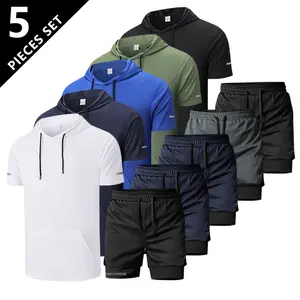 Men’s two-piece athletic tracksuit set: hooded casual sports jacket and shorts; short-sleeve casual sports hoodie and shorts; breathable mesh fitness set; minimalist color scheme for easy matching; available in multiple colors.