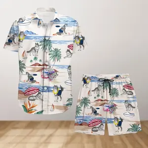 Husky Dog Beach Hawaiian Shirt Shorts Set Men Women Funny Wolf Surfing Tropical Palm Tree Summer Casual Loose Aloha Matching Outfit Dog Lover Vacation Gift USA
