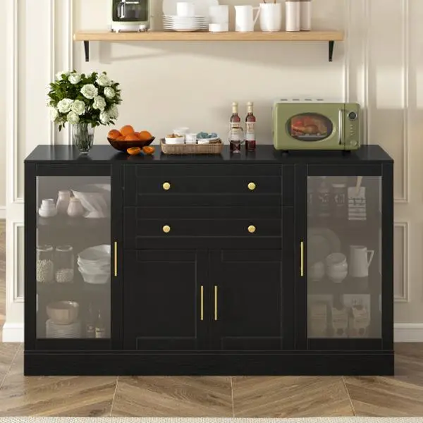 【Bellemave】U-Style 58.3" Modern Buffet Sideboard with 4 Doors & 2 Drawers, Adjustable Shelves, Power Outlet, Acrylic Panels, Aluminum Alloy Handles, Storage Cabinet for Dining Room, Living Room and Kitchen
