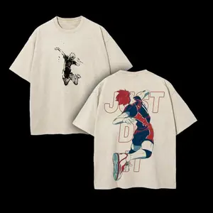 Beige Short-Sleeve T-shirt with Hinata Shoyo (Haikyuu) Anime Character Print.