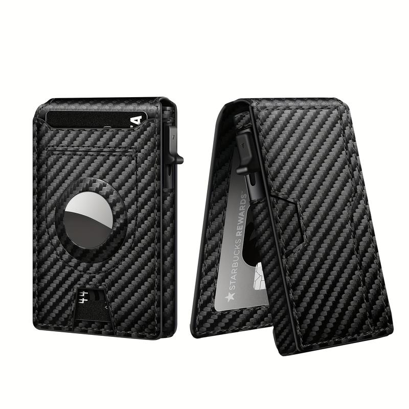 Men's Carbon Fiber RFID Blocking Bi-Fold Wallet With Pop-Up Aluminum Card Slot And AirTag Slot - Minimalist Black Credit Card Holder GIft For Daddy And Boy Friends On Christmas Day