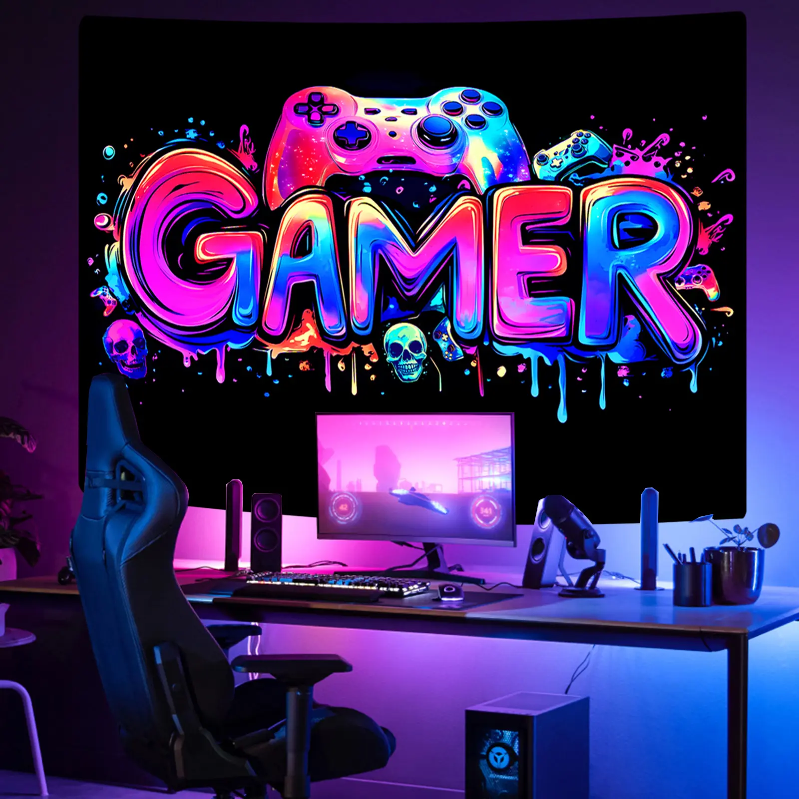 Gamer Gaming Tapestry, Blacklight Game Controller Horror Skull Wall Hanging, UV Reactive Skeleton Glow in the Dark Wall Decor for Bedroom, Living Room