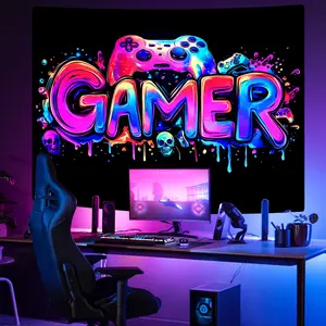 Gamer Gaming Tapestry, Blacklight Game Controller Horror Skull Wall Hanging, UV Reactive Skeleton Glow in the Dark Wall Decor for Bedroom, Living Room