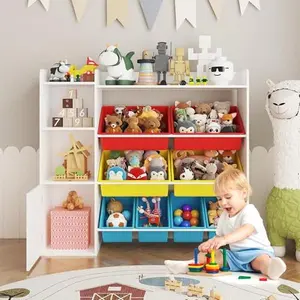 43.5" W Modern Kids Toy Storage Organizer - 8 Removable Bins, 3 Cubbies, Kids Bookshelf, Easy Setup Nursery Playroom Organization Furniture