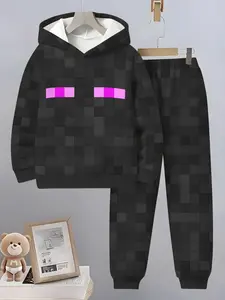 Kids Casual Set, Enderman Pixel Print Hoodie & Sweatpants, Boys Home School Wear, Slim-Fitting, Long Regular Fit, Fall Winter