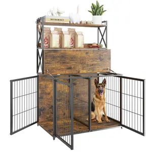 Garvee Dog Crate Furniture for 2 Dog, 42.5Inch Heavy Duty Puppy Kennel Furniture with Storage Shelves and Divider,Wooden Pooch Crate End Table with Flip Top, 3 Doors Pet Crate Furniture for Indoor