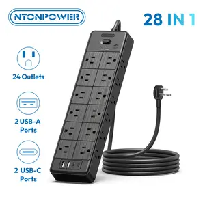 24 Widely Outlets 5 Ft/10 FT/15 FT/25 FT Extension Cord NTONPOWER 15A/1875W Power Strips with Surge Protection 4000J,Black/White Extension Cord Surge Protector with 4 USB Ports(2 USB C), Wall Mount Holes for Home, Office