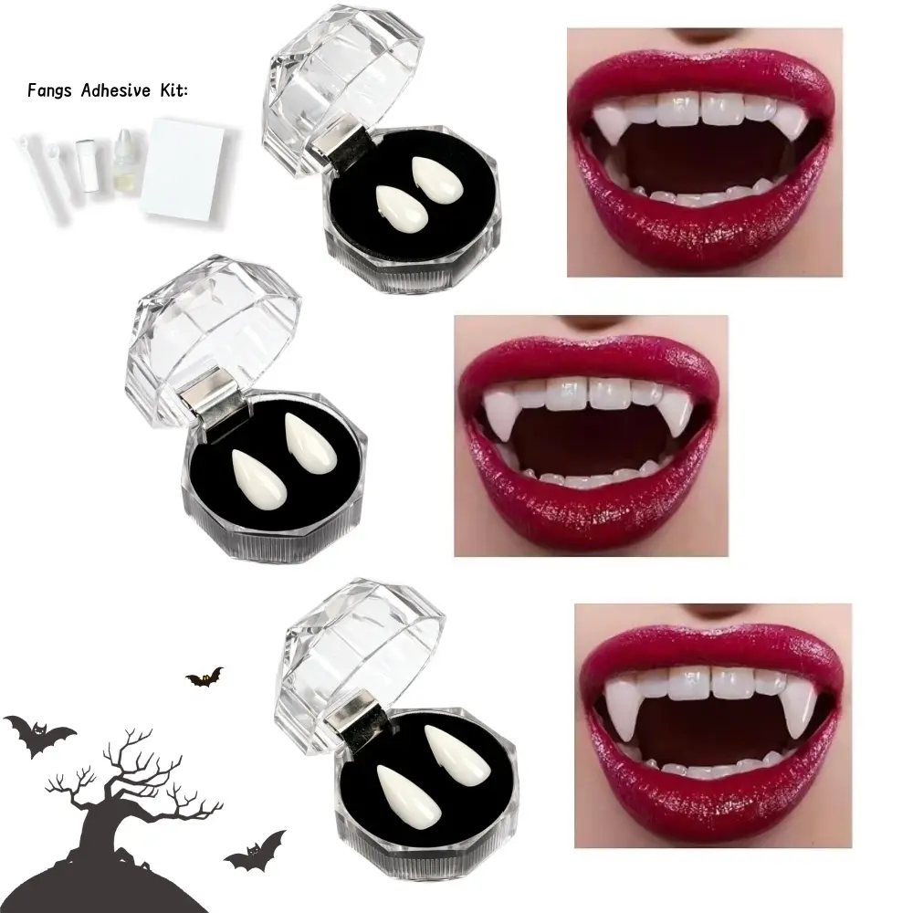Vampire Fangs Teeth with Adhesive Kit Realistic Reusable Cosplay Fangs for Halloween Party Vampire Demon Werewolf Costume Accessories