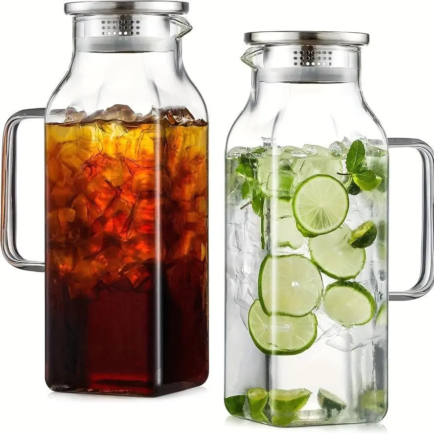 2 Pack 68oz Square Glass Pitcher with Lid And Handle for Fridge, Iced Tea And Coffee Carafe Beverage Serveware, Heat Resistant Borosilicate Water Jug for Hot/Cold Drinks And Milk, 304 Stainless Steel Lid