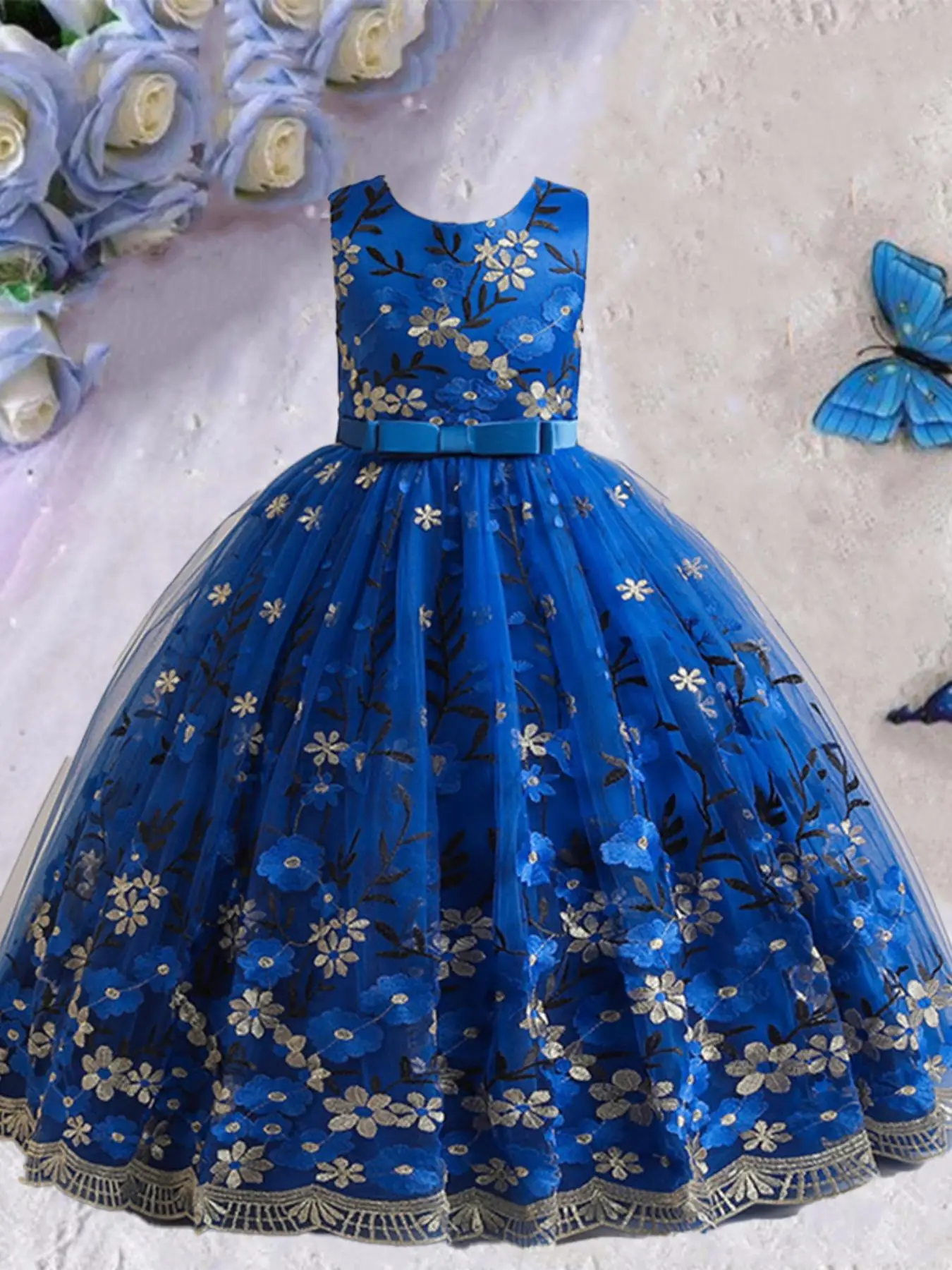 Girl's Floral Embroidery Contrast Mesh Bow Decor Tulle Dress, Elegant Sleeveless Zipper Back Fit & Flare Dress for Party Wedding Guest, Kids Clothes f