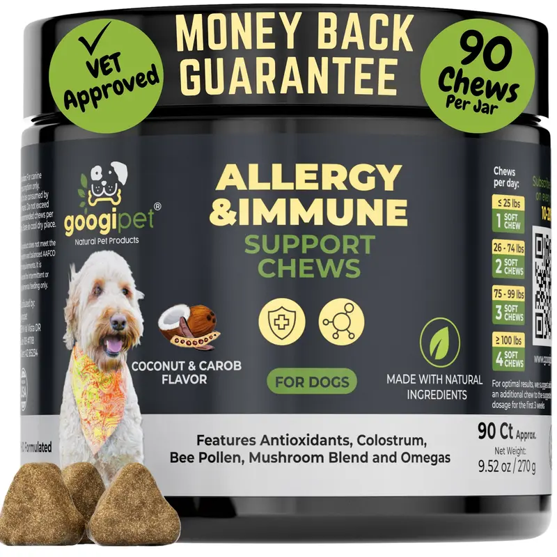 Googipet Dog Allergy Chews - Allergy Relief & Itchy Skin Support with Bee Pollen, Colostrum, Coconut Oil, Probiotics, & Omega-3