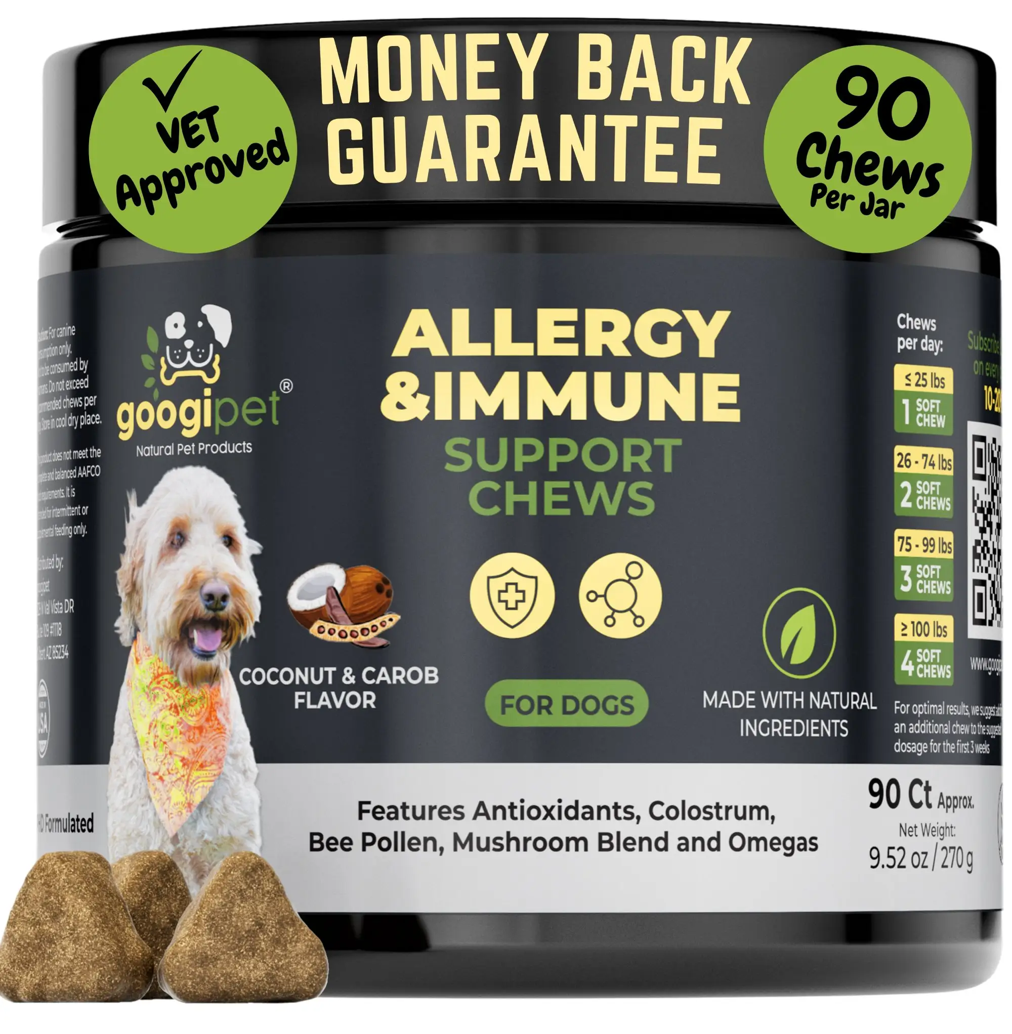 Googipet Dog Allergy Chews - Allergy Relief & Itchy Skin Support with Bee Pollen, Colostrum, Coconut Oil, Probiotics, & Omega-3