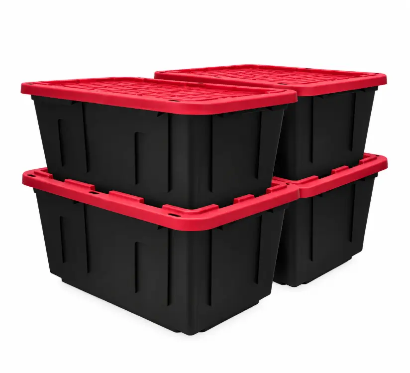 4-Pack Large 27-Gallon Storage Bins, Durable Black Plastic Totes with Red Snap Lids, Stackable Storage Containers for Garage, Bedroom & Home Organization