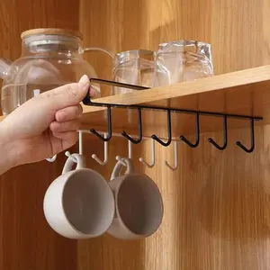 (Without Screws) Cup Organizing Hook Shelf, 2 Count Multifunctional Under Cabinet 6 Cup Storage Rack, Kitchen Accessories, Home Organizer, Punch Free Organizer, Storage Hooks, Metal Organiser Hook, Space Saving Organizer for Kitchen Bathroom Bedroom