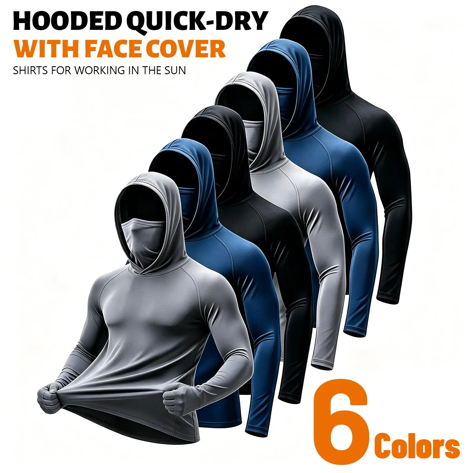 Men’s Thin Sun Protection Long Sleeve Hooded Sport Shirts With Built-in Face Mask UV Block Tops For Fishing Construction Outdoor Yard Work,back to school,back to school shopping Sun Hoodie Athletic,clothes for back to school,first day of school outfits
